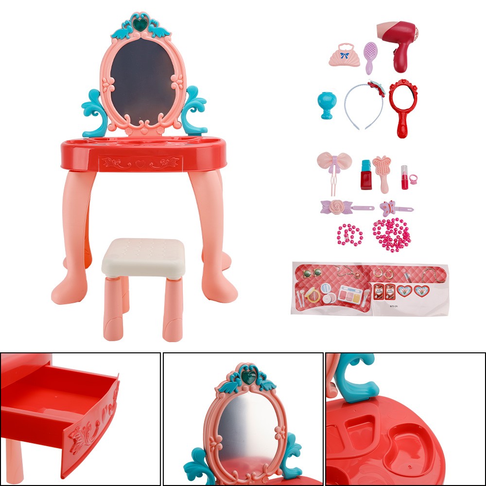 Toddler Makeup Table w/ Mirror & Chair Kids Vanity Set with Blowdryer for 3+