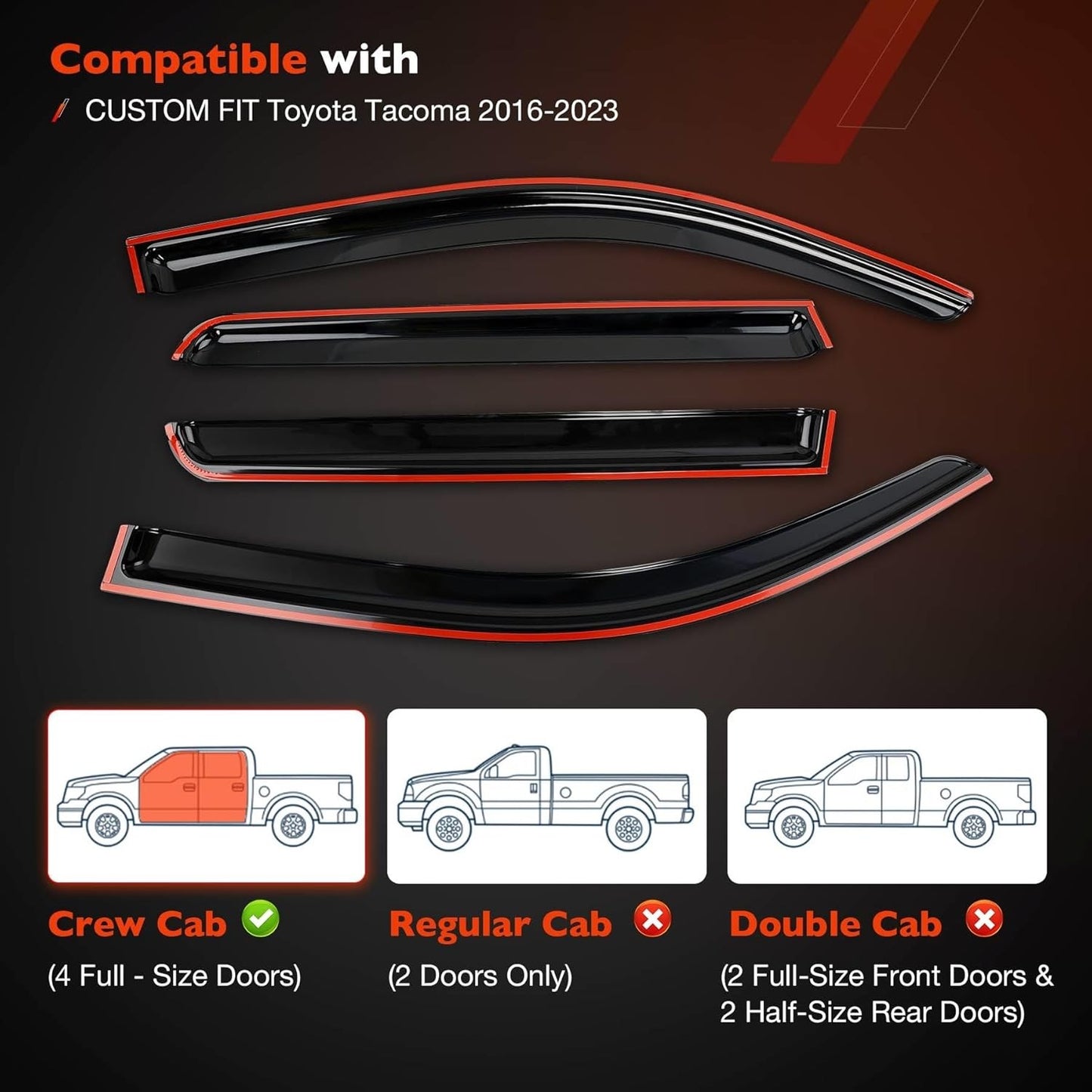 4Pcs Side Window Visor Rain Guards Deflectors For 2016-2023 Toyota Tacoma Black