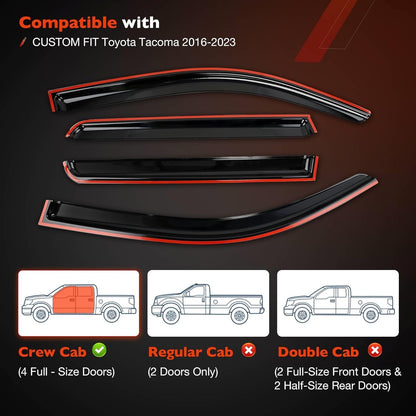 4Pcs Side Window Visor Rain Guards Deflectors For 2016-2023 Toyota Tacoma Black