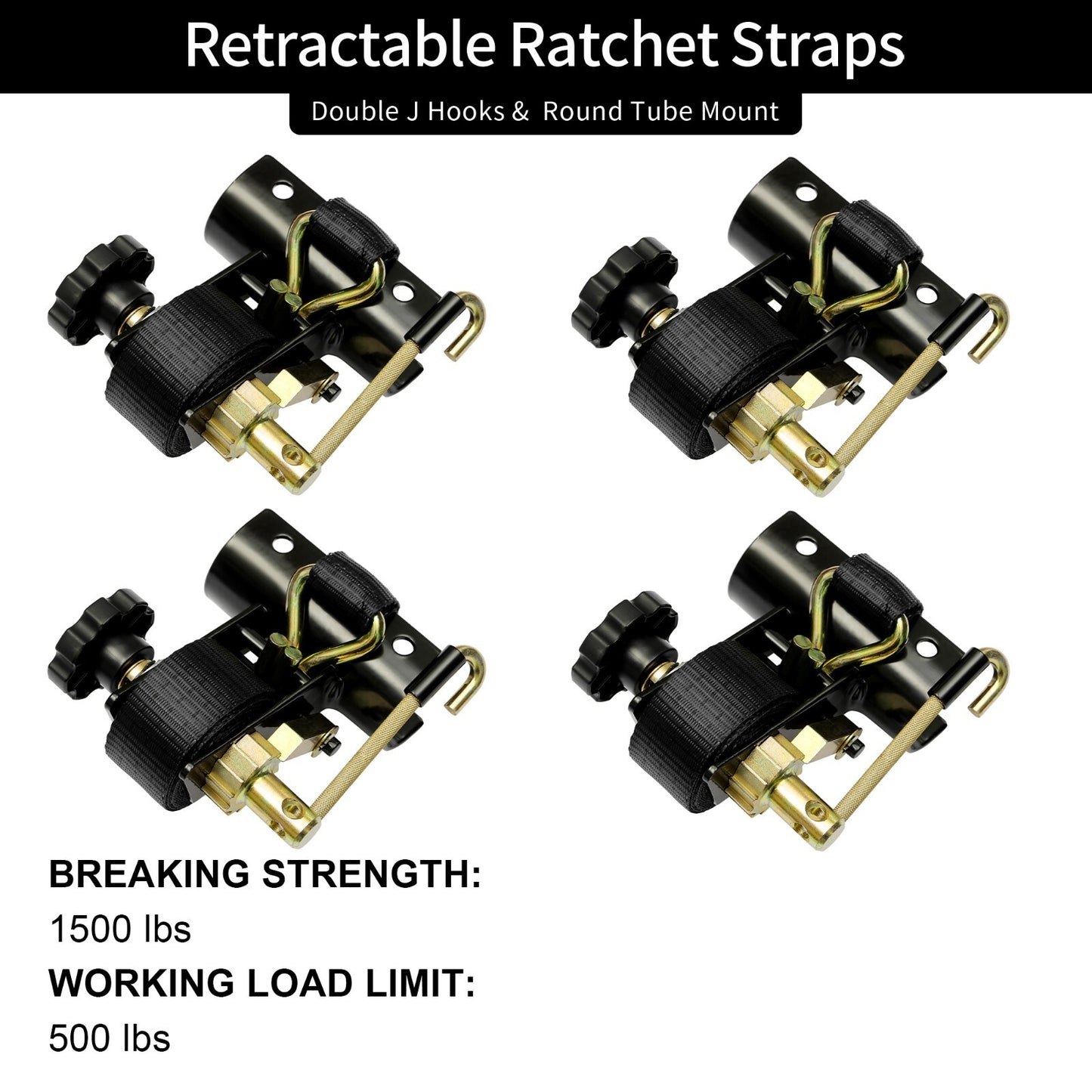 4x Ladder Rack Ratchet Straps w/ J-Hook 1.5"x7.5" Black Retractable Ratchet Tie