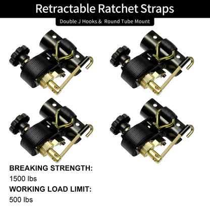 4x Ladder Rack Ratchet Straps w/ J-Hook 1.5"x7.5" Black Retractable Ratchet Tie