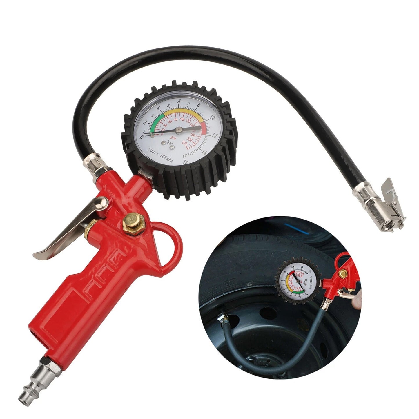 220 PSI Tire Inflator Gun Pressure Gauge Air Chuck with 1/4'' NPT Hose Truck Car