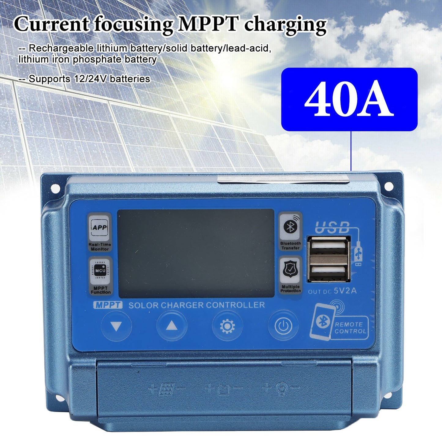 40A MPPT APP Solar Charge Controller Charger Fits 12V-60V LiFePO4 Battery Blue