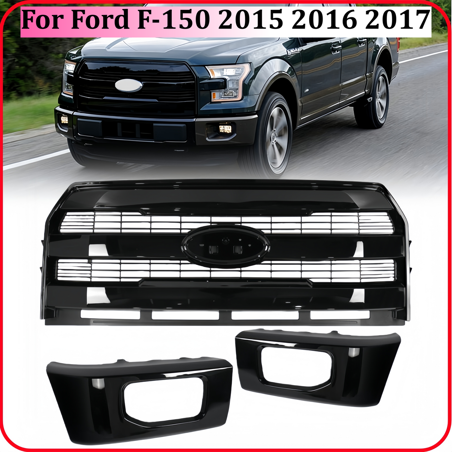 For Ford F-150 2015-2017 Front Upper Grille+Bumper Face Bar End Side Gloss Black