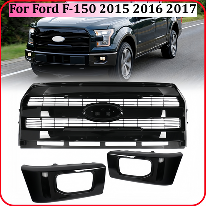 For Ford F-150 2015-2017 Front Upper Grille+Bumper Face Bar End Side Gloss Black
