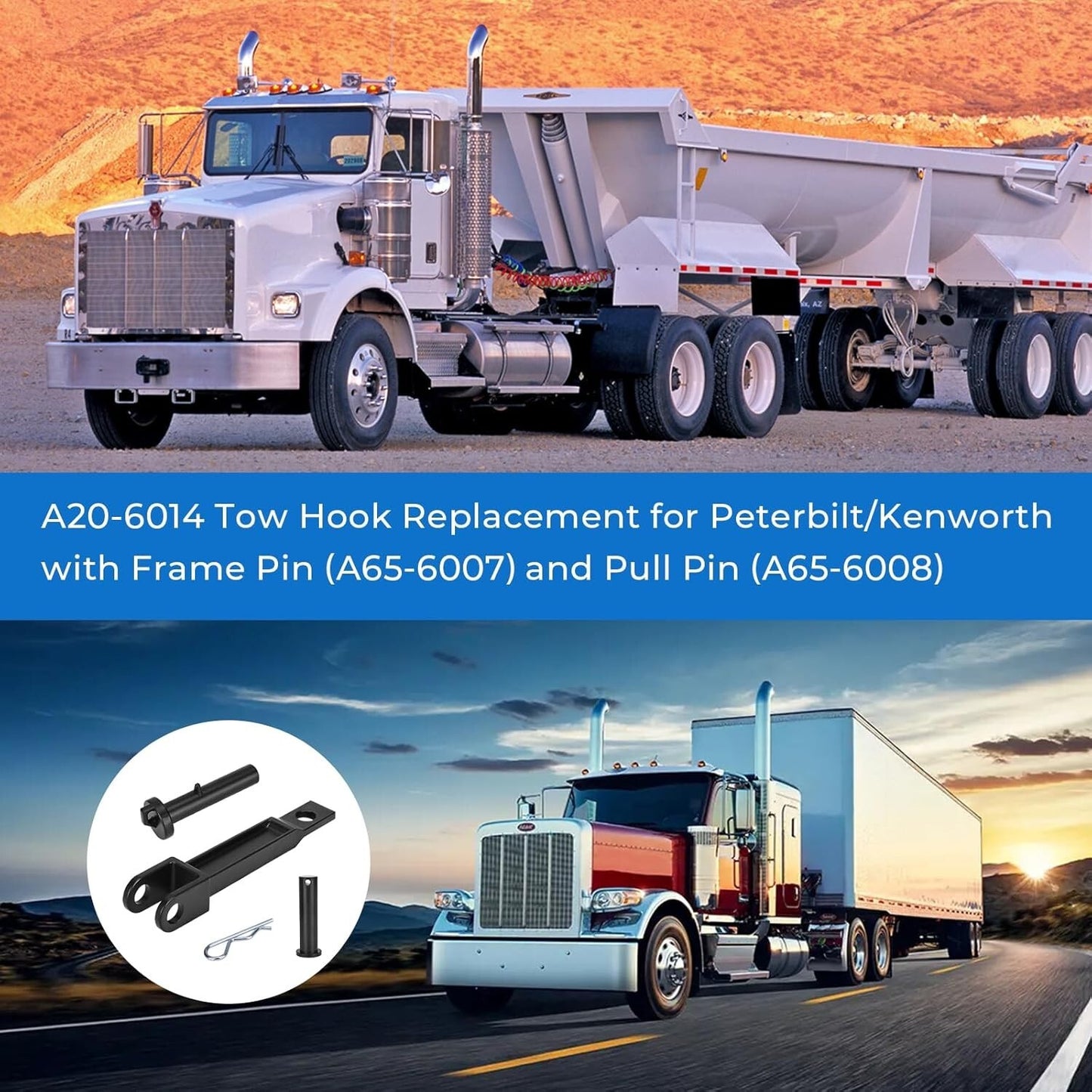 A20-6014 Single Tow Hook for Peterbilt/Kenworth with Pull Pin & Frame Pin