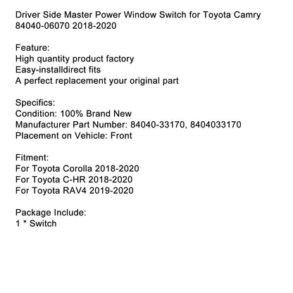 Driver Side Master Power Window Switch for Toyota Camry 84040-06070 2018-2020