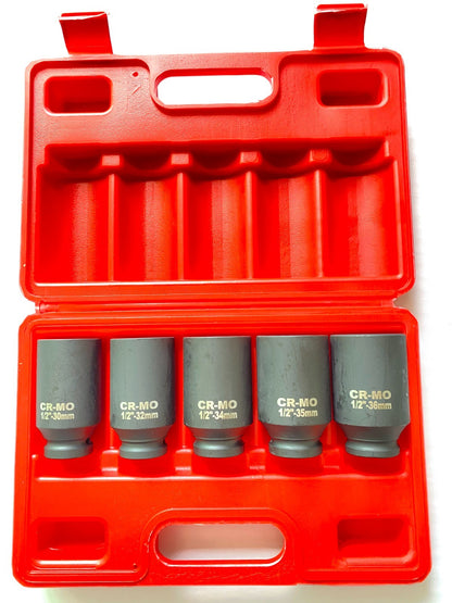 1/2'' Drive 12 POINT 5pcs Deep Spindle Axle Nut Socket Set 30 32 34 35 36mm