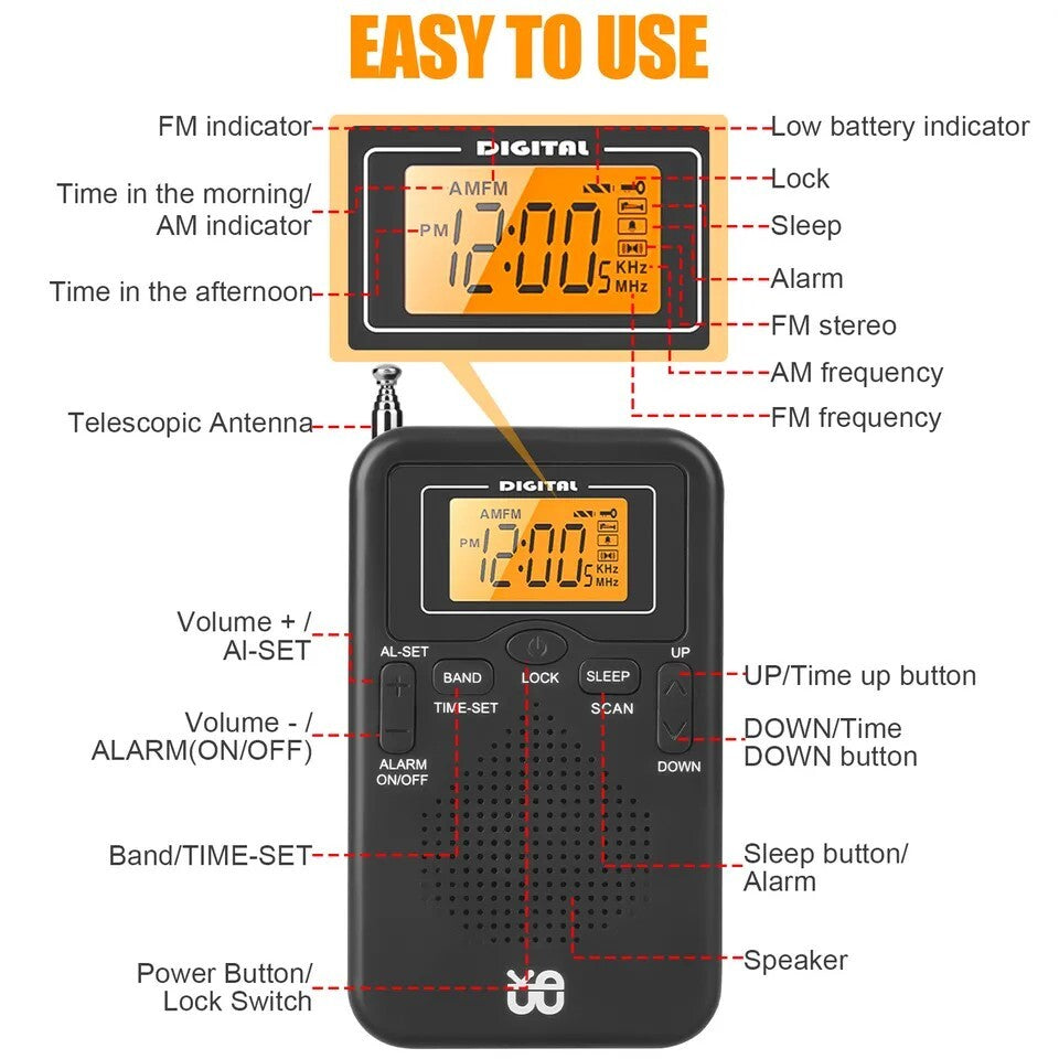 Portable Pocket AM FM Radio w/Digital LCD Screen Display Loud Speaker for Sports