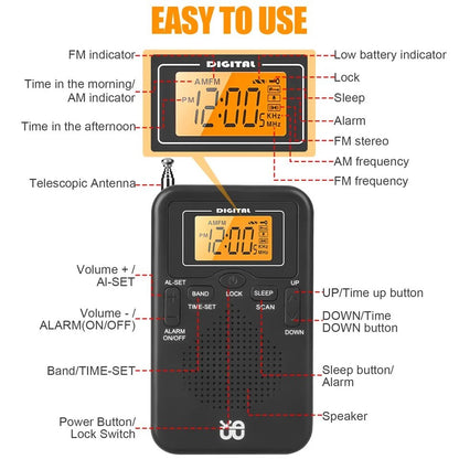 Portable Pocket AM FM Radio w/Digital LCD Screen Display Loud Speaker for Sports