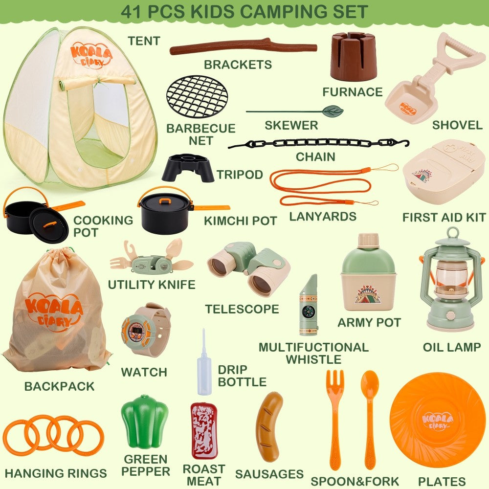 Kids Camping Set with Tent Toy Campfire 42Pcs Camping Pretend Play Tent