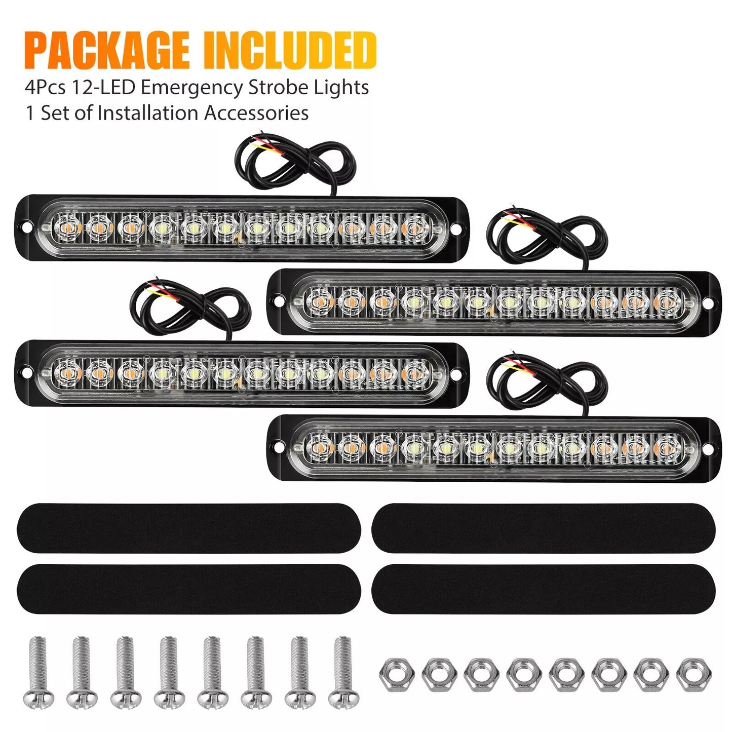 4 PCs Amber(3LEDs)/White(6LEDs)/Amber(3LEDs) Car Truck Light Bar Flashing Lamps