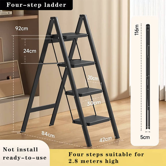Solid Spare Stepladder, 4 Tiers, Foldable, Aluminum, Wide, Lightweight, Compact, Ladder