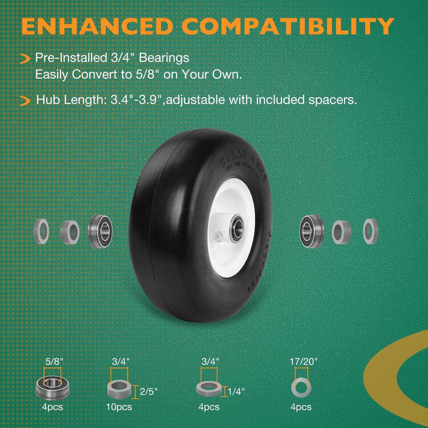 2x 9x3.50-4 Front Flat Free Tire Wheel Set w/ Bearings For Zero-Turn Lawn Mower