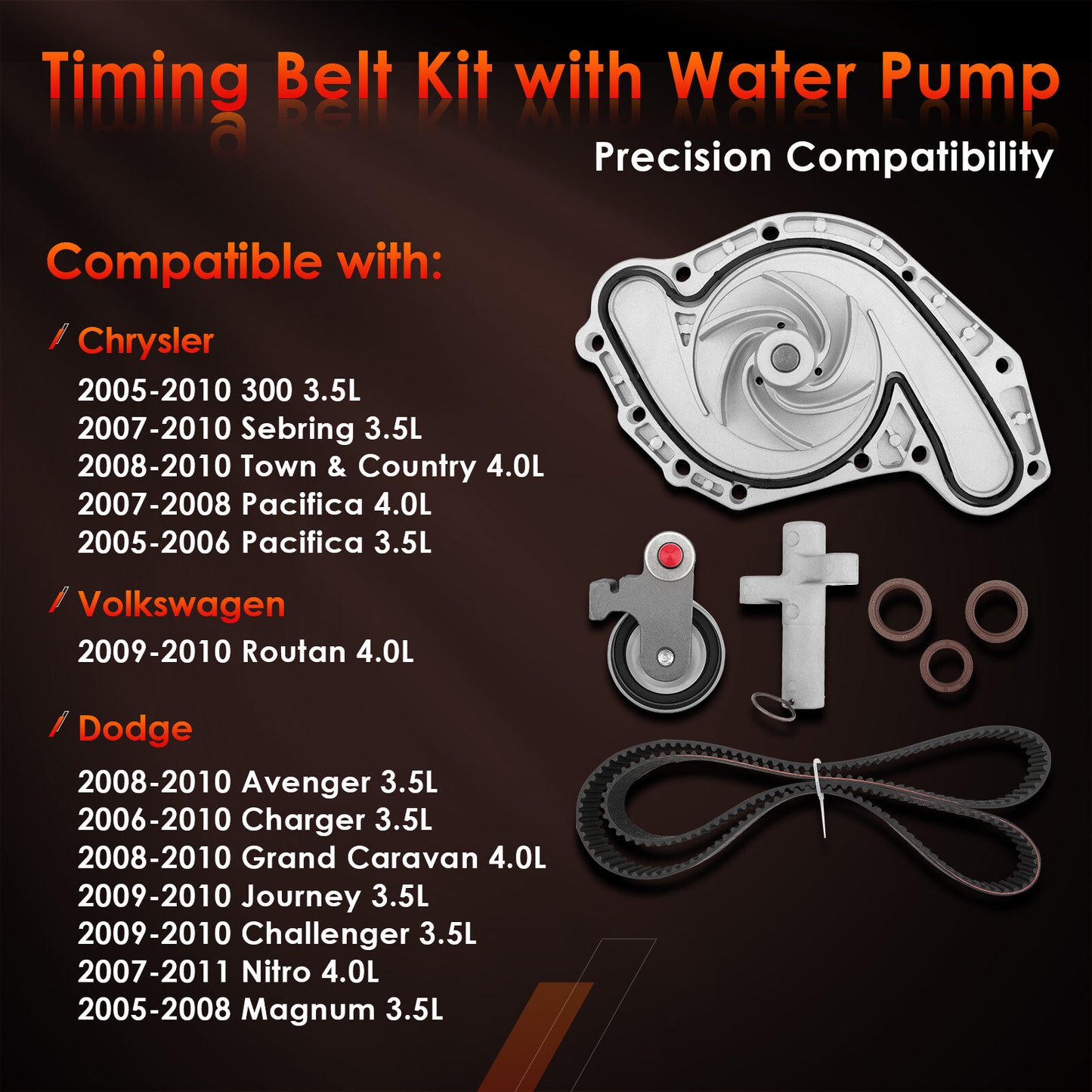 Timing Belt Kit with Water Pump For 05-11 Chrysler Volkswagen 3.5 4.0L TCKWP295D