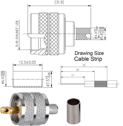 10PCS UHF PL-259 Male Crimp Connectors Coax Cable Adapter for RG8X LMR240 Wire