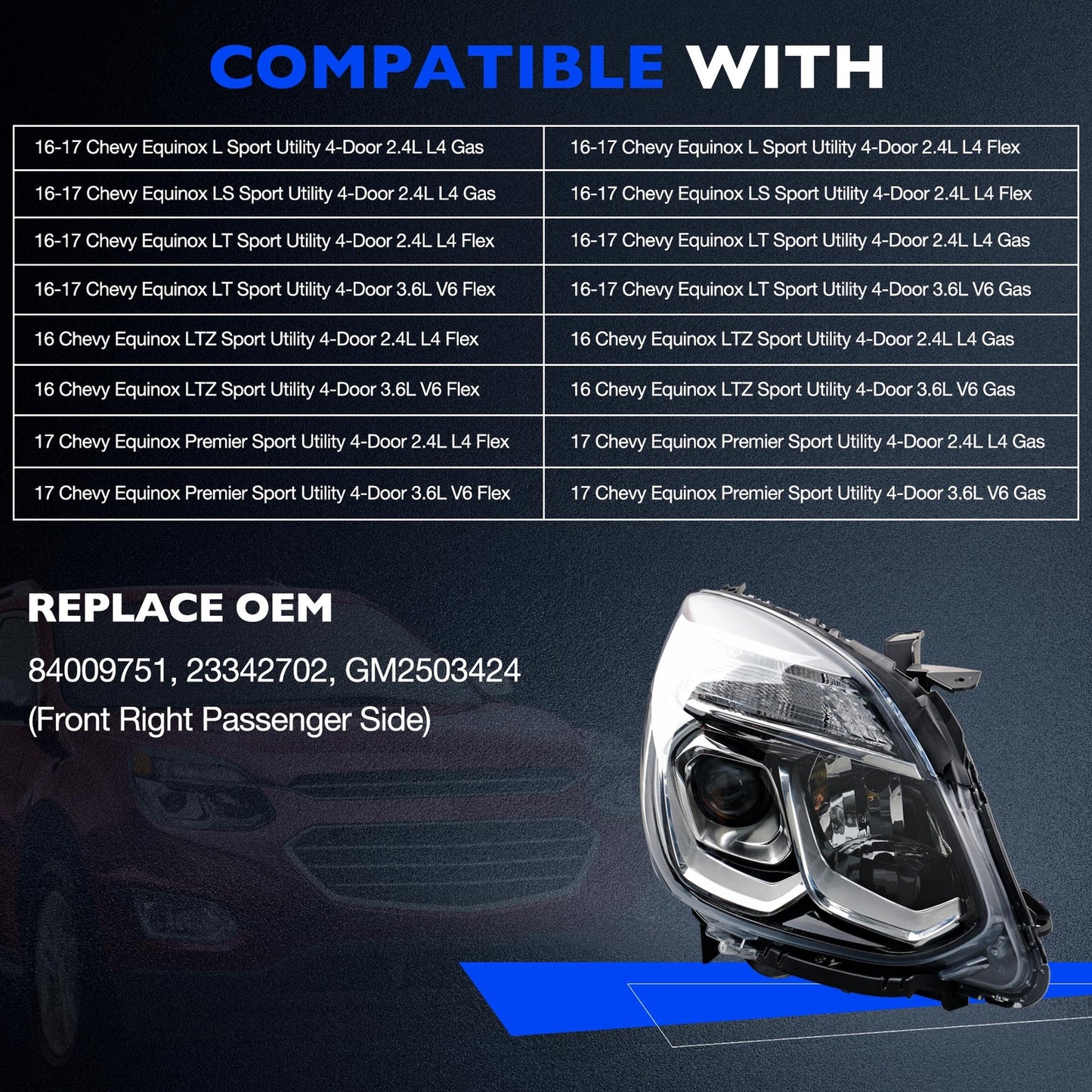 Halogen Chrome Headlight Assy Front Right Passenger Side For 16-17 Chevy Equinox