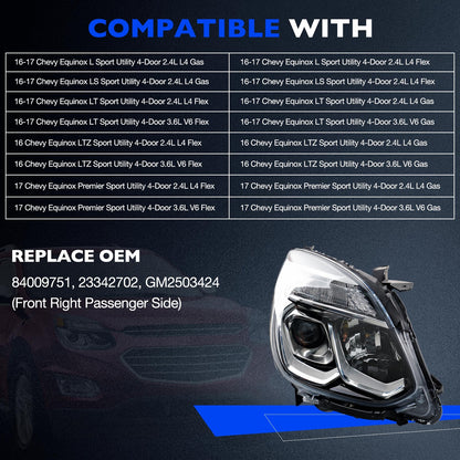 Halogen Chrome Headlight Assy Front Right Passenger Side For 16-17 Chevy Equinox