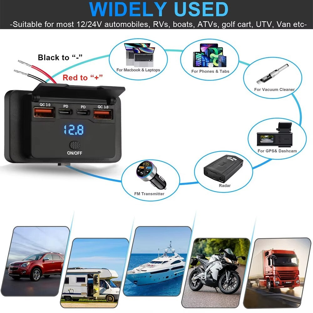 Fast USB Car Charger Socket Panel LED Voltmeter QC3.0 & PD Power Outlet 12-24V
