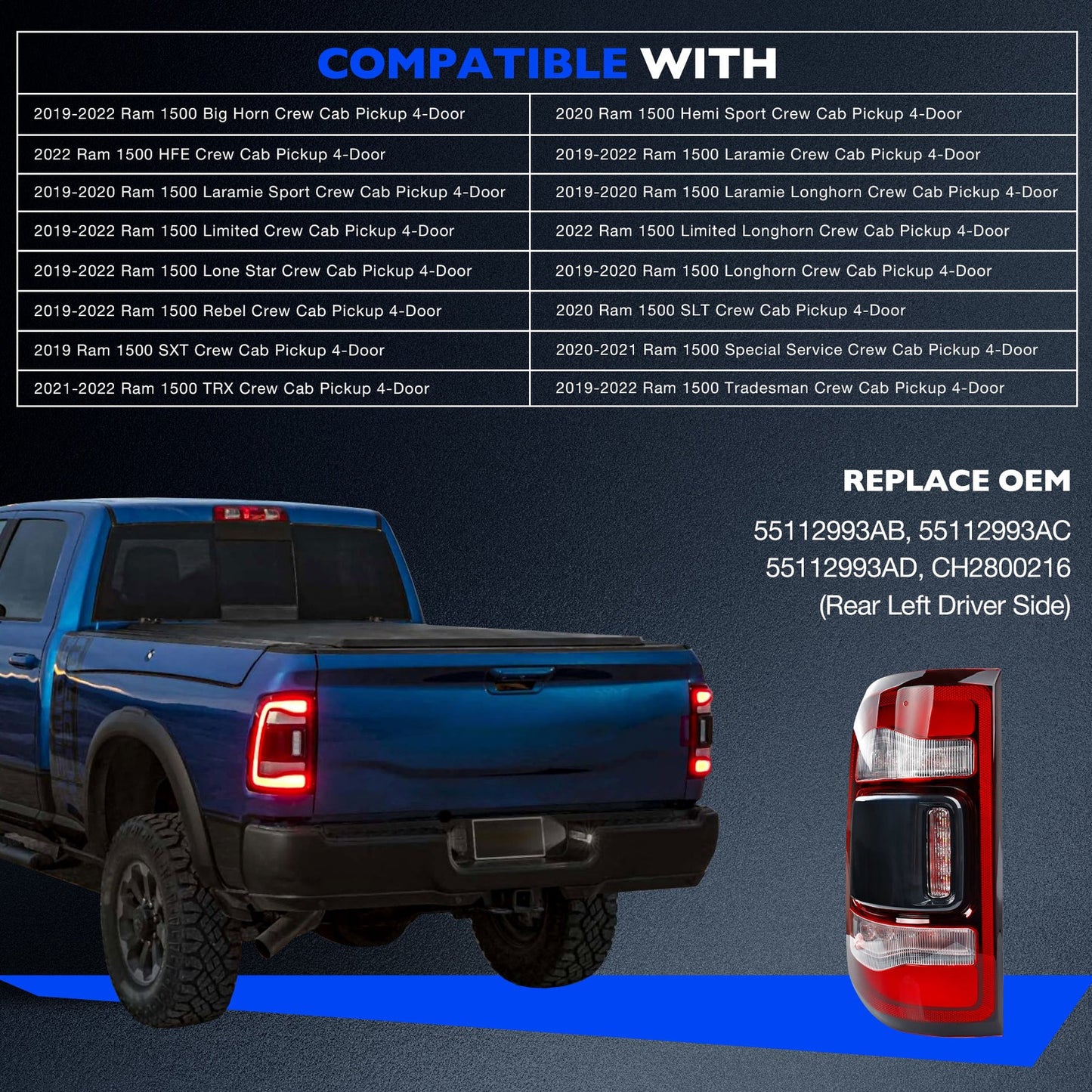 LED Brake Tail Light Lamp Rear Left Driver Side For 2019-2024 Dodge Ram 1500