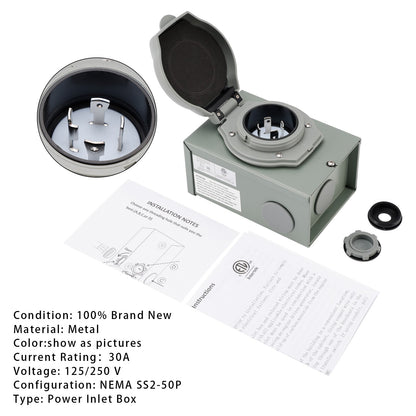 30Amp RV Generator Inlet Box NEMA SS2-50P Power Inlet Box 125/250V