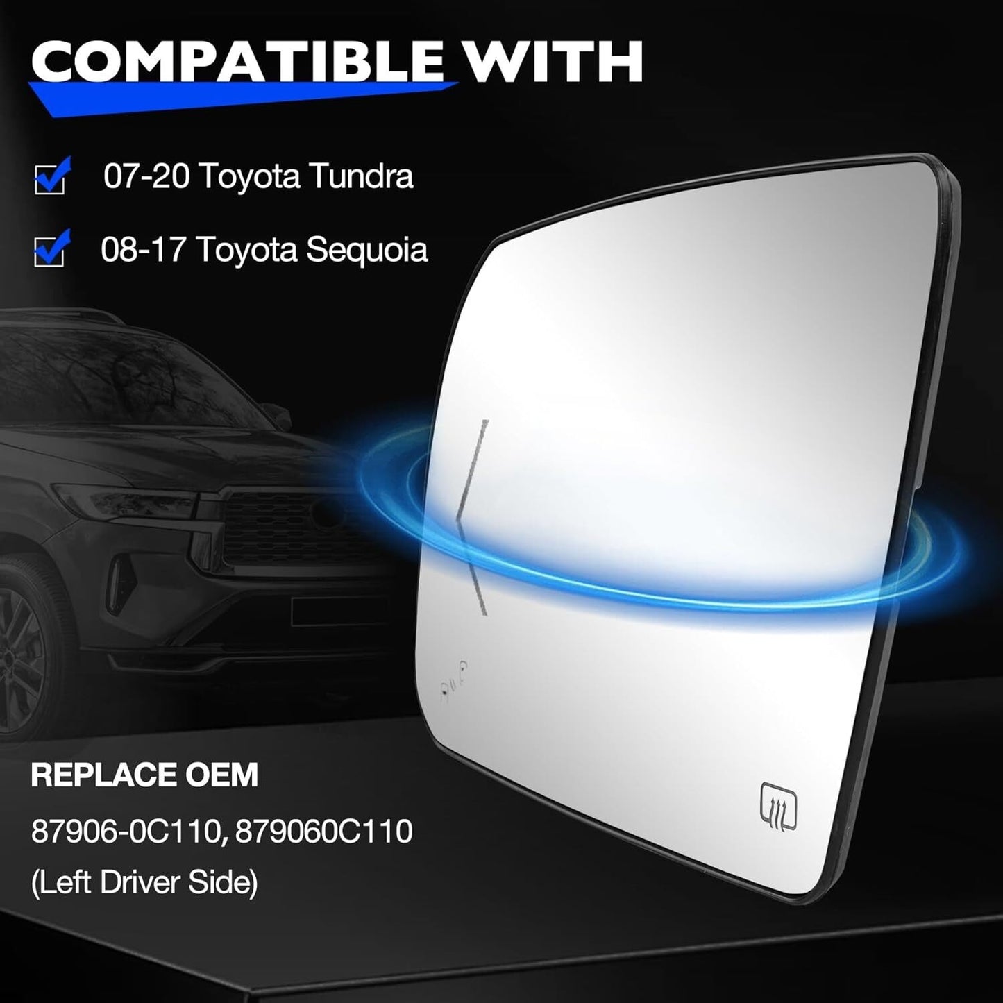 Left Driver Side Heated Mirror Glass w/ BSM For 2002-2020 Toyota Tundra Sequoia