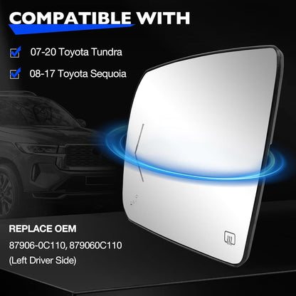 Left Driver Side Heated Mirror Glass w/ BSM For 2002-2020 Toyota Tundra Sequoia