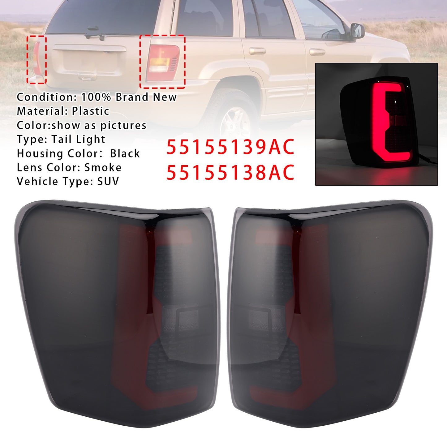 2PCS Smoke Black Brake Tail Lights Tailight For Jeep Grand Cherokee 1999-2004