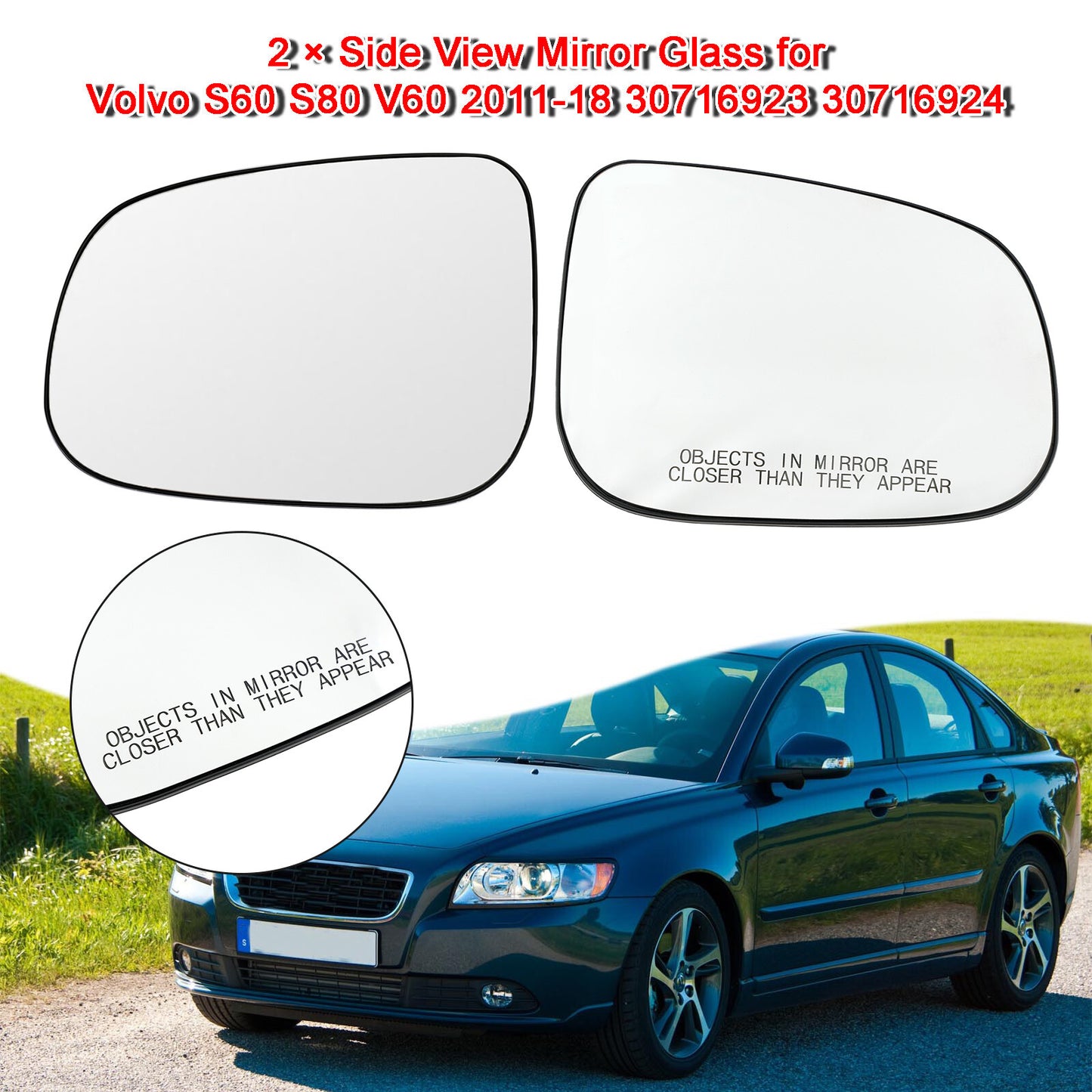 2 × Side View Mirror Glass for Volvo S60 S80 V60 2011-18 30716923 30716924