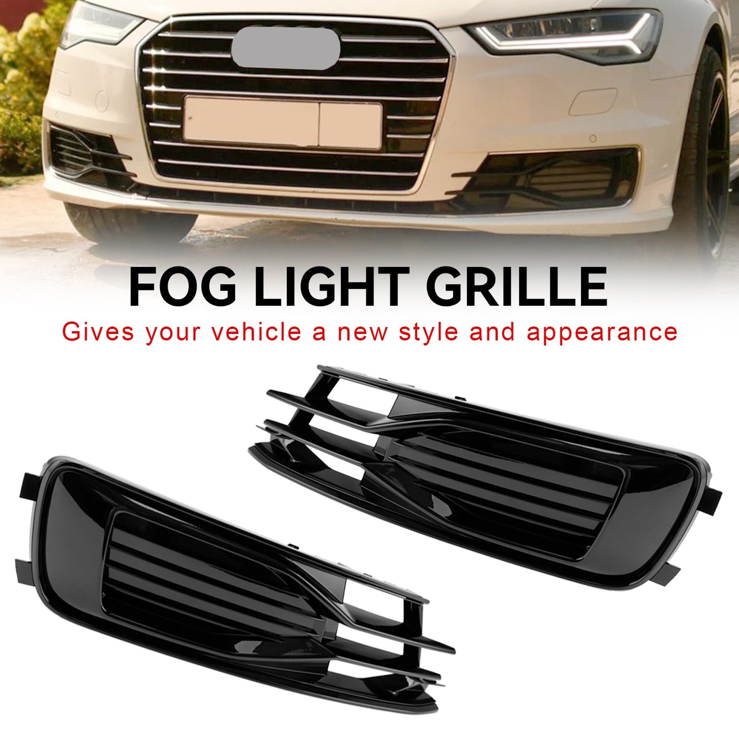 2PCS Front Bumper Foglight Cover Grill Grille Fit Audi A6 C7 2014-2018 Black