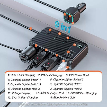 9in1 Multi Car Cigarette Lighter Socket Splitter USB C Plug Fast Charger Adapter