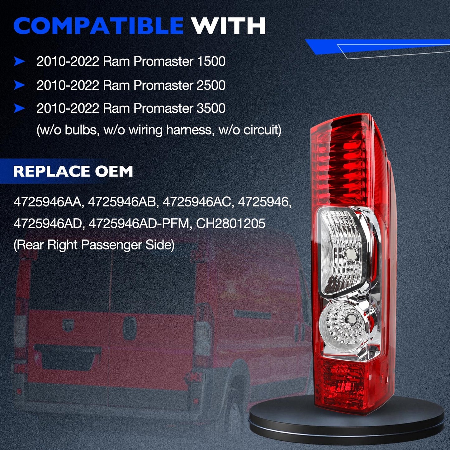 Rear Tail Light Lamp Assy Right Passenger Side For 10-24 Ram Promaster 1500 2500