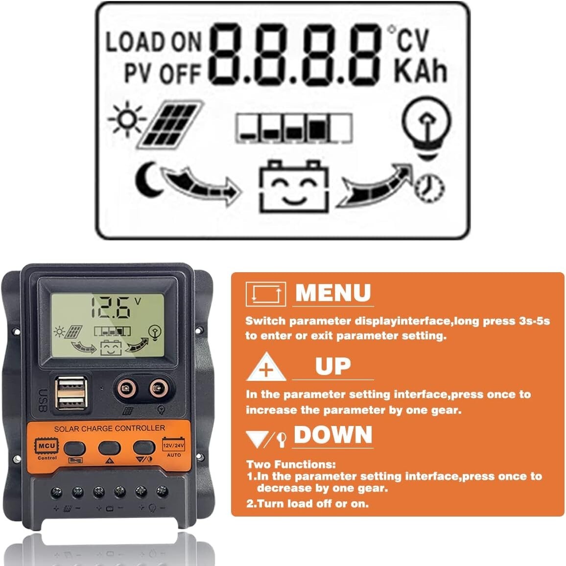 30A PWM Solar Panel Regulator Charge Controller 12/24V Auto Focus Tracking USB