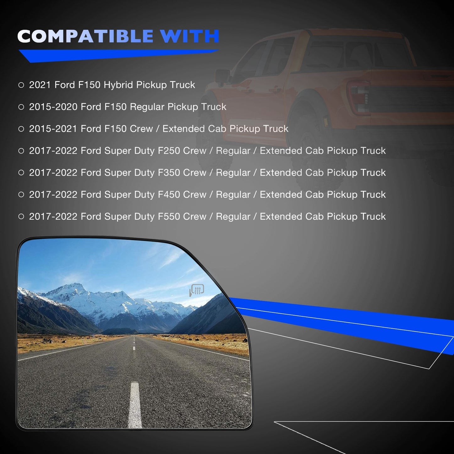 For 2017-2022 Ford F250 F350 SD Heated Mirror Glass Upper Passenger Side Right