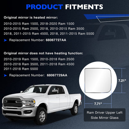 Upper & Lower Tow Mirror Spotter Glass Driver Side For 10-20 RAM 1500 2500 3500