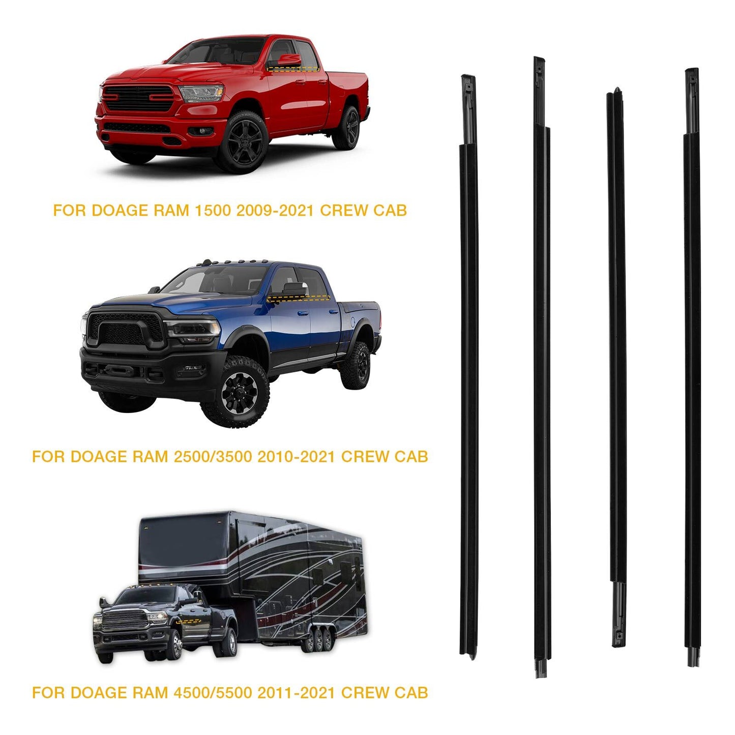 4x Weatherstrip Window Moulding Trim Seal Belt Kit For 09-23 Dodge Ram 1500 2500