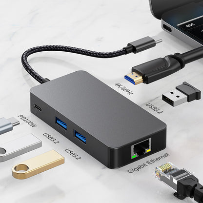 6 in 1 TYPE-C to RJ45 Gigabit USB 3.2 HDMI PD100W Interface Hub for MacBook iPad