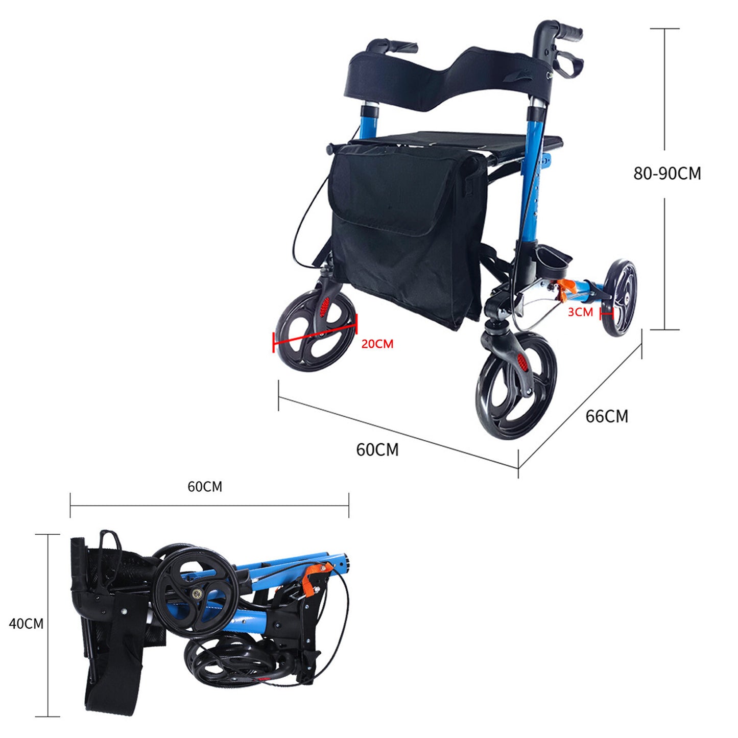 Rollator Walker with Seat for Seniors, 8" Wheels Walker, Lightweight, Adjustable