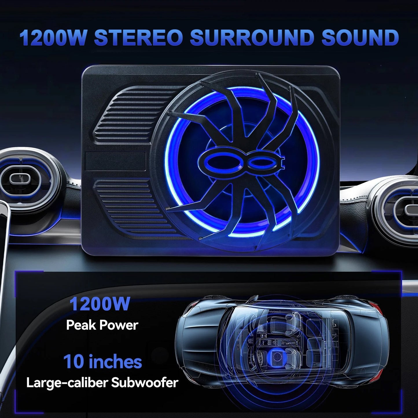 1200W Car Subwoofer 10" 12V Slim Under Seat Powered Car Subwoofer for Car Truck