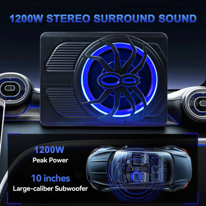 1200W Car Subwoofer 10" 12V Slim Under Seat Powered Car Subwoofer for Car Truck