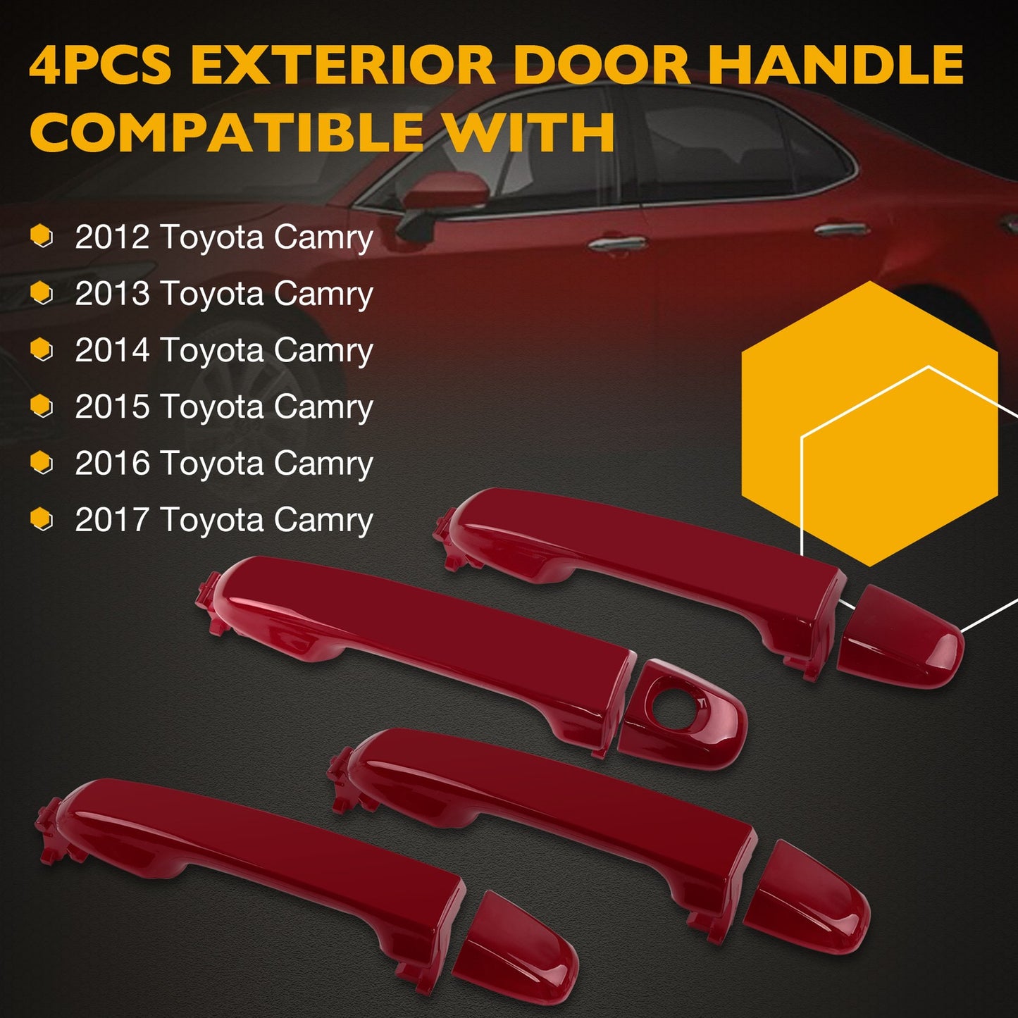 4X Exterior Door Handles Front / Rear Kit Fit 2012-2017 Toyota Camry Outside Red