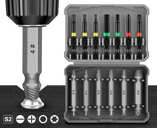 13PCS Damaged Screw Extractor Kit Broken Bolt Remover Tool with 7 Drill Bits Set