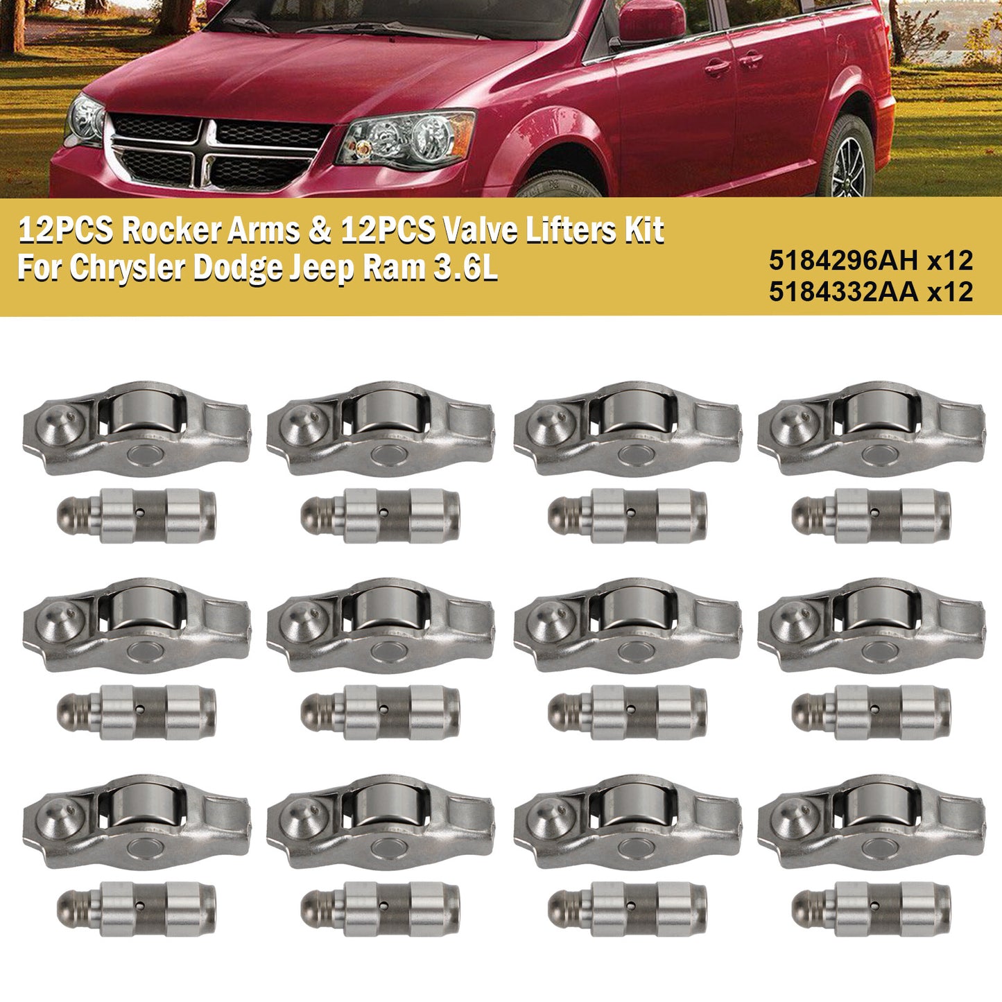 12PCS Rocker Arms & 12PCS Valve Lifters Kit For Chrysler Dodge Ram 3.6L