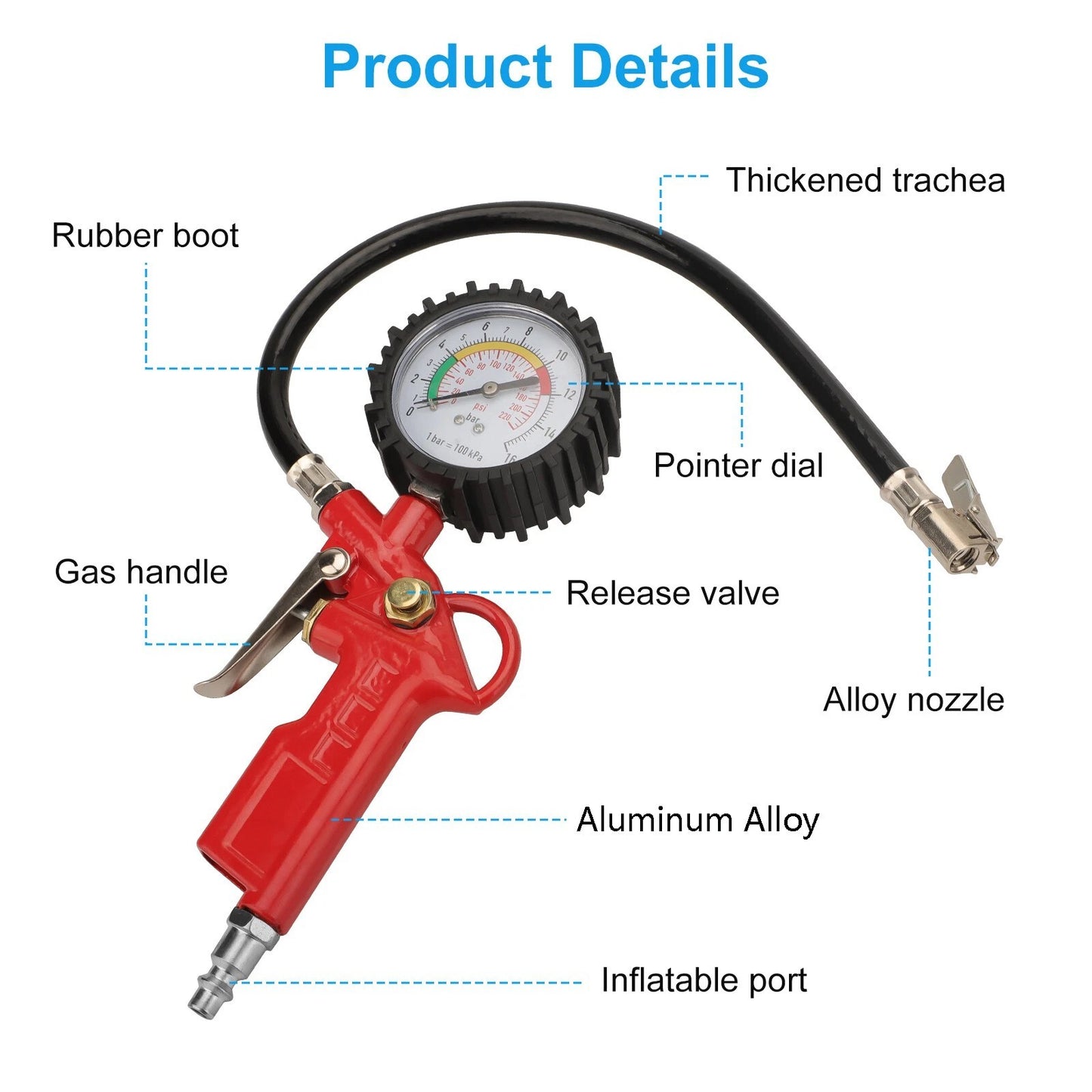 220 PSI Tire Inflator Gun Pressure Gauge Air Chuck with 1/4'' NPT Hose Truck Car