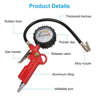 220 PSI Tire Inflator Gun Pressure Gauge Air Chuck with 1/4'' NPT Hose Truck Car