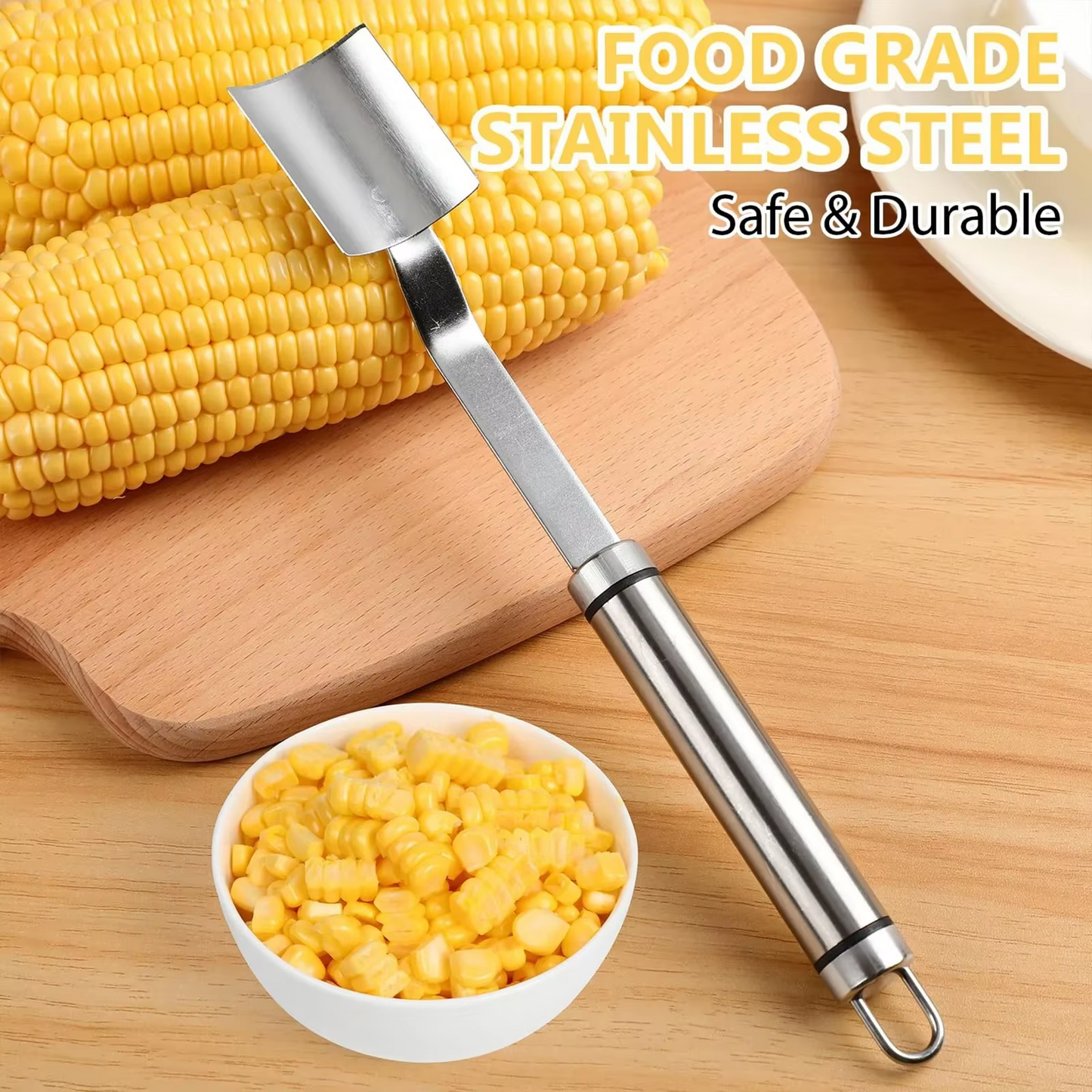 2PC Corn Peeler Stainless Steel Corn Cob Stripping Tool w/ Hook Long Handle Corn