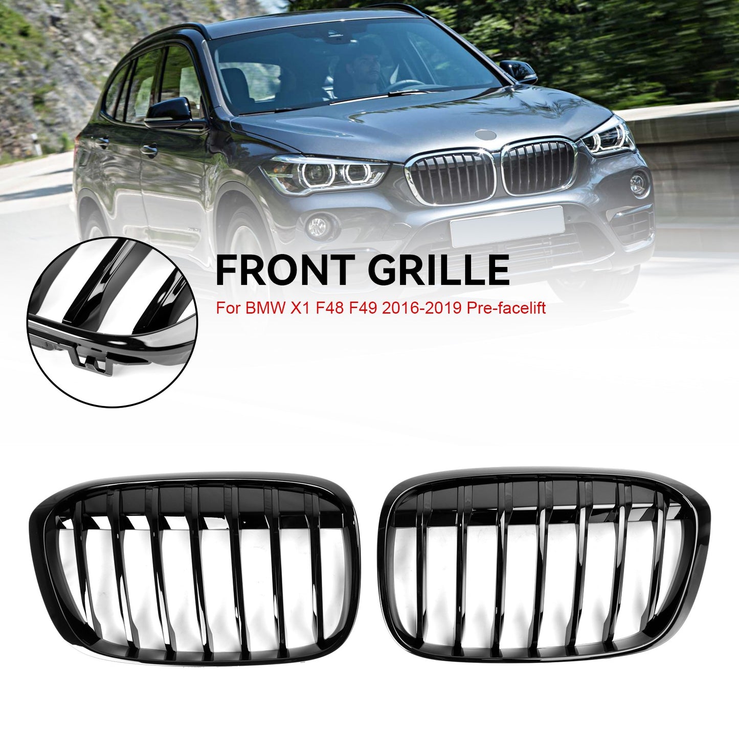 2PCS Gloss Black Front Kidney Grille Grill Fit BMW X1 F48 F49 2016-2018 2017