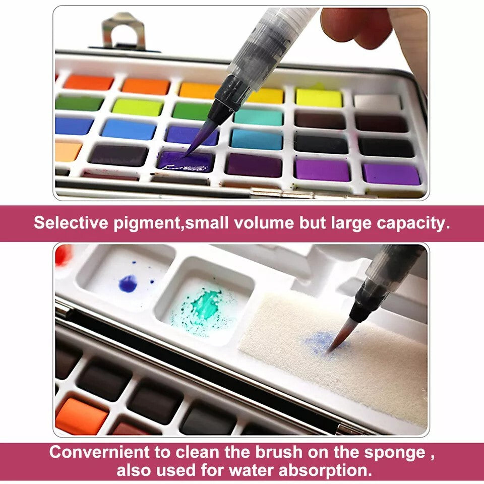 Professional 50 Colors Watercolor Paint Draw Painting + Water Brush Pigments Set