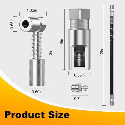 Solid Spare Slotted Right Angle 90 Degree Grease Gun Coupler 1/8Inch NPT Threads w/ 12" Hose