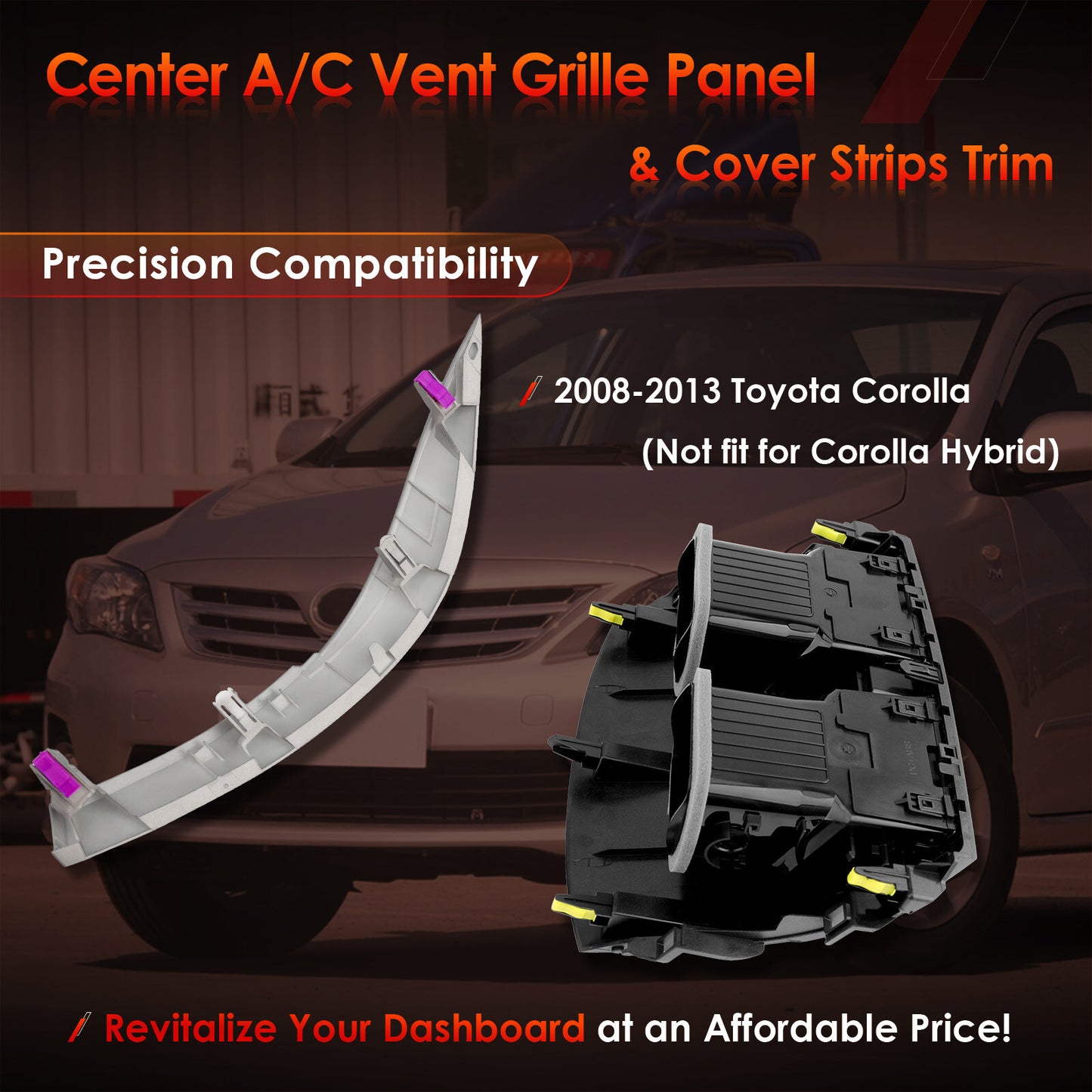 Center AC Dash Air Vent Trim Panel Cover w/ Strips Trim For 08-13 Toyota Corolla